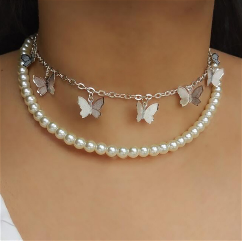Silver Pearl Butterfly Double Layer Korean Jewellery Choker Necklace Jewellery For Girls- Silver Chain Neck Statement Collar Chains Choker Shining Female Choker Korean Jewellery