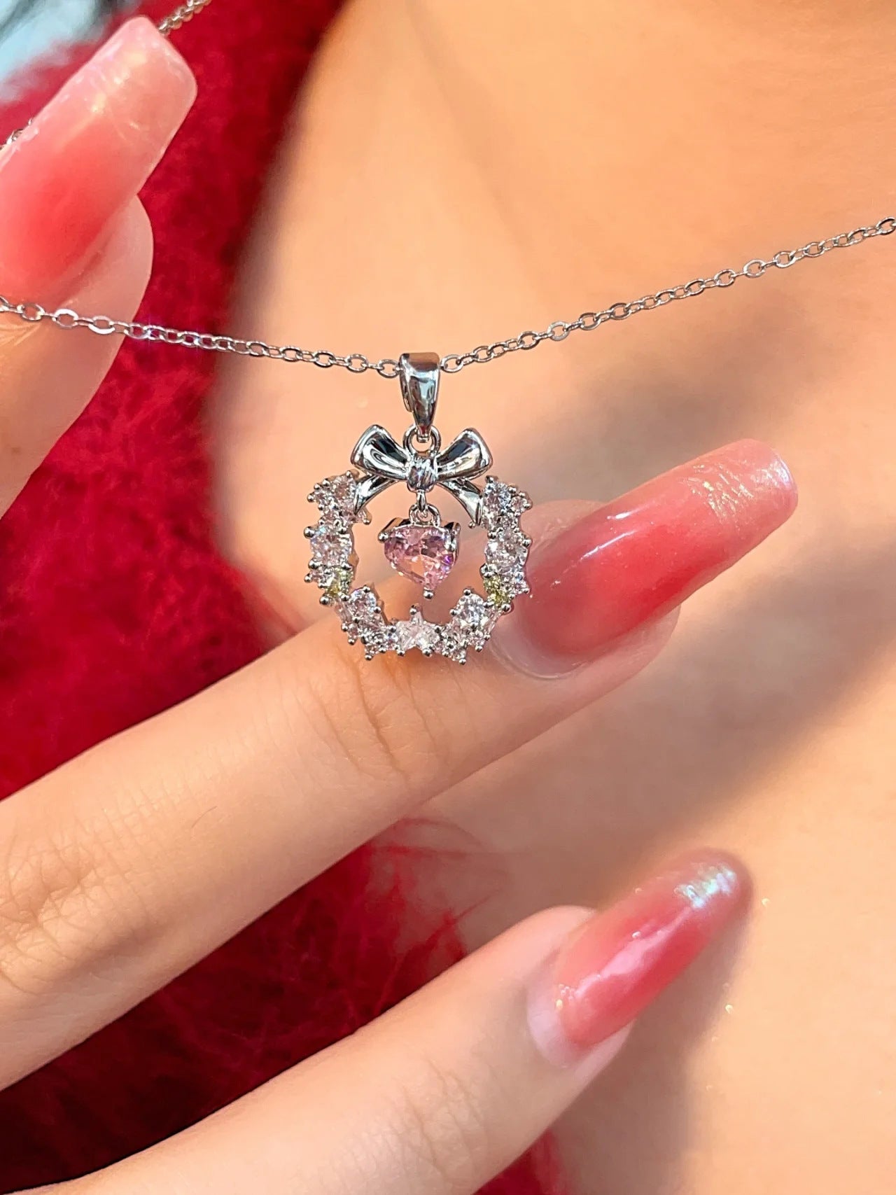 Korean Jewellery Pink Zircon Bow & Heart Necklace for Girls Sweet Fairy Clavicle Chain Shiny Zircon Korean Jewellery Necklace - Aesthetic Bowknot Love Zircon Pendant Women Necklaces