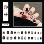 24Pcs Black & White Beautiful Trendy Fake Nails (With Glue) Set For Girls - Wearable Nails Stylish Pattern Artificial Nails For Women