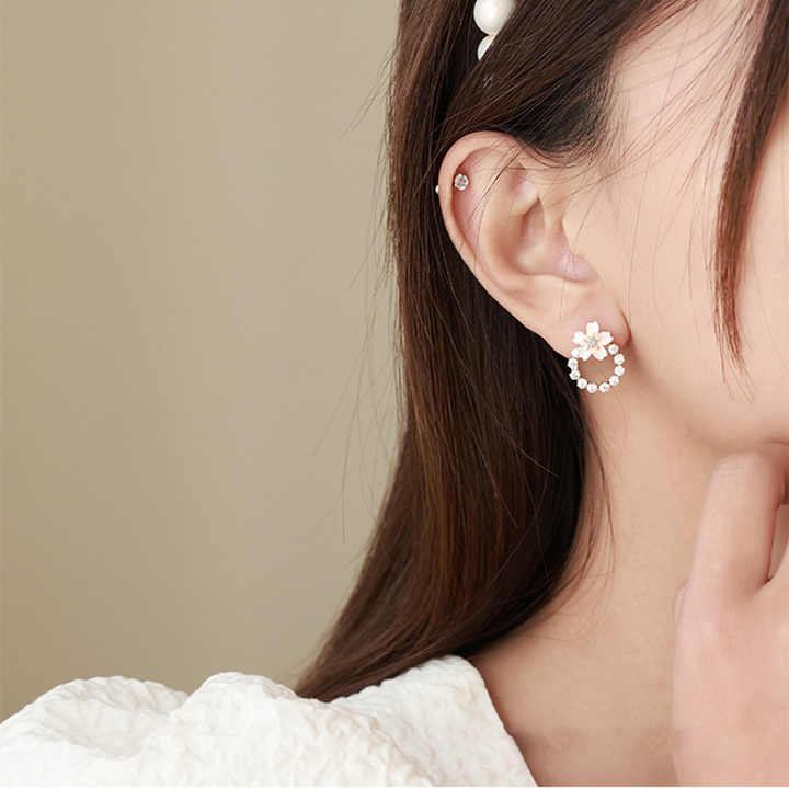 Korean Jewellery Blossom Pink Flower Zircon Stud Earrings for Girls | S925 Needle | S925 Needle Earings For Birthday Wedding Anniversary | For All Occasions