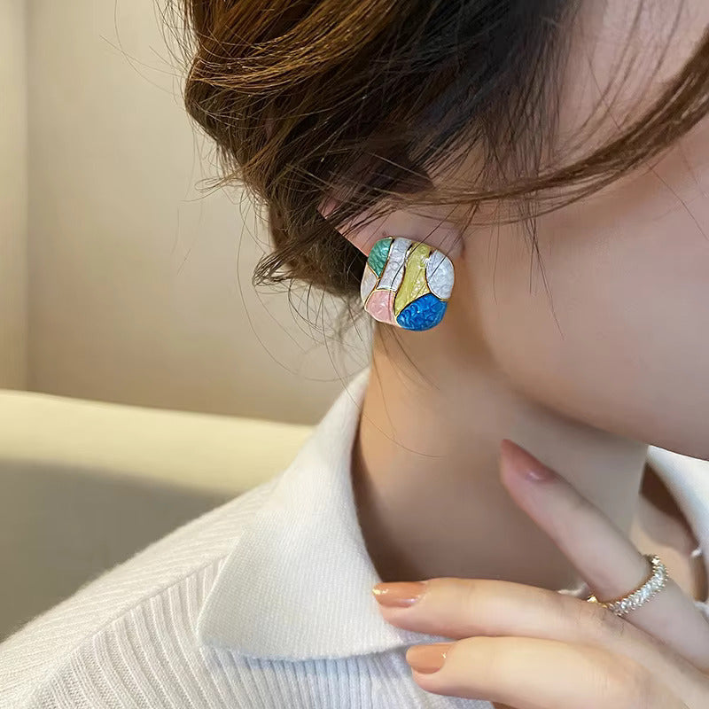 Colorful Korean Jewellery Blossom Modern Enamel Patchwork Geometric Square Stud Earrings for Girls | S925 Needle | S925 Needle Earings For Birthday Wedding Anniversary | For All Occasions
