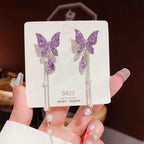 Korean Jewellery Purple Crystal Rhinestone Long Style Pearl Tassels Butterfly S925 Needle Earrings For Girls