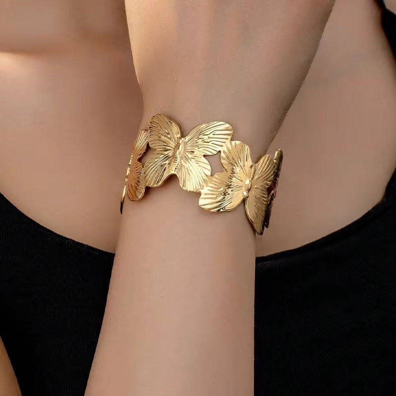 2026 Gold & Silver NEW Trendy Butterfly Adjustable Chunky Bangle Bracelet For Girls Gold Metal butterfly Open Cuff Bangle Bracelet For Women