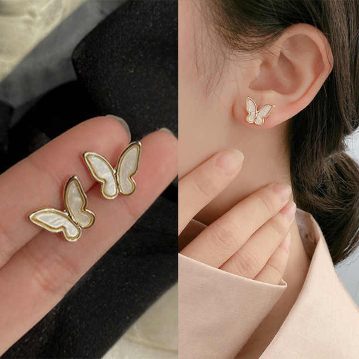 Korean Jewellery S925 Needle White Enamel Shell Fairy Butterfly Earring For Girls Women | S925 Needle Earings For Birthday Wedding Anniversary | For All Occasions