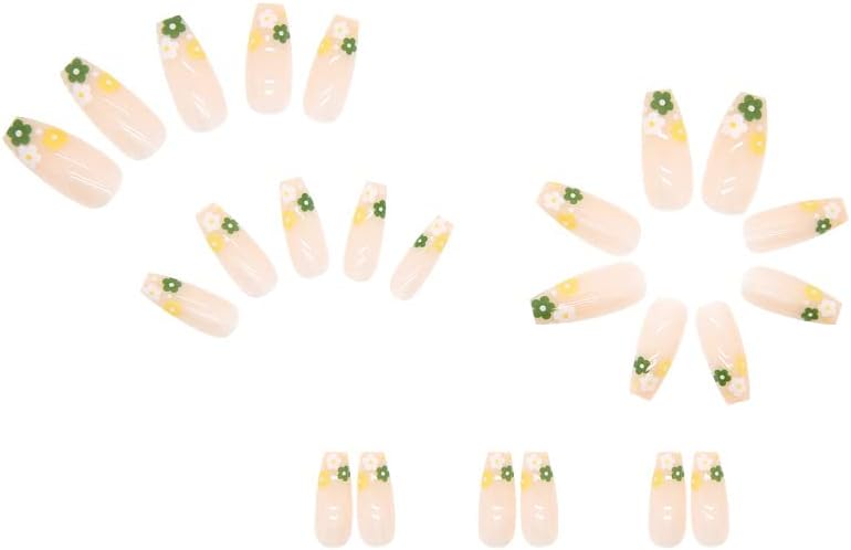 24Pcs Pink Beautiful Flower Trendy Fake Nails (With Glue) Set For Girls - Wearable Nails Stylish Pattern Long Artificial Nails For Women