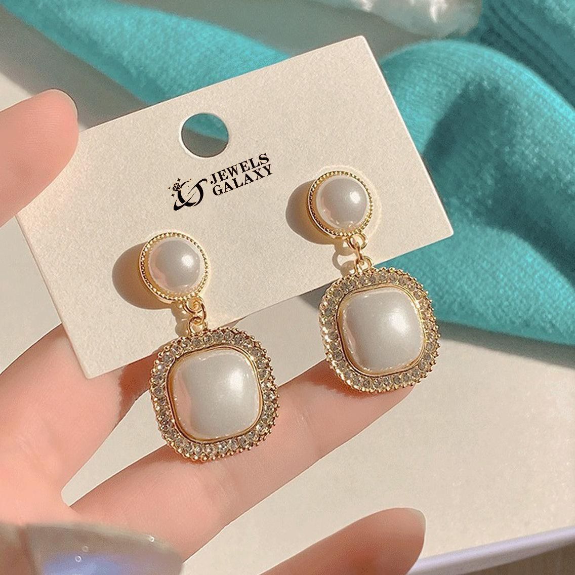 New American Style Geometric Circle & Square Earings Jewellery For Girls Stylish With Rhinestone & Red Pearl Drop Earrings Korean Jewellery For Girls