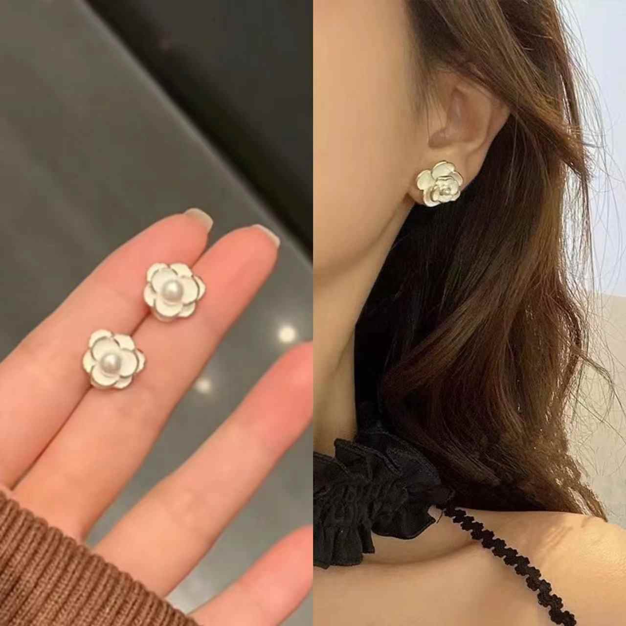 Korean Jewellery White Flower Camellia Pearl Sweet Light Luxury Elegant S925 Needle Earrings For Girls