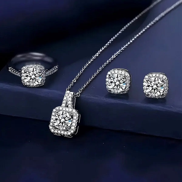 3Pcs Silver Zircon Necklace Earrings Ring Jewelry Set For Girls Fashion Party Jewelry Special Occasions Zirconia Jewelry Set