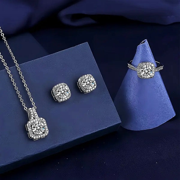 3Pcs Silver Zircon Necklace Earrings Ring Jewelry Set For Girls Fashion Party Jewelry Special Occasions Zirconia Jewelry Set
