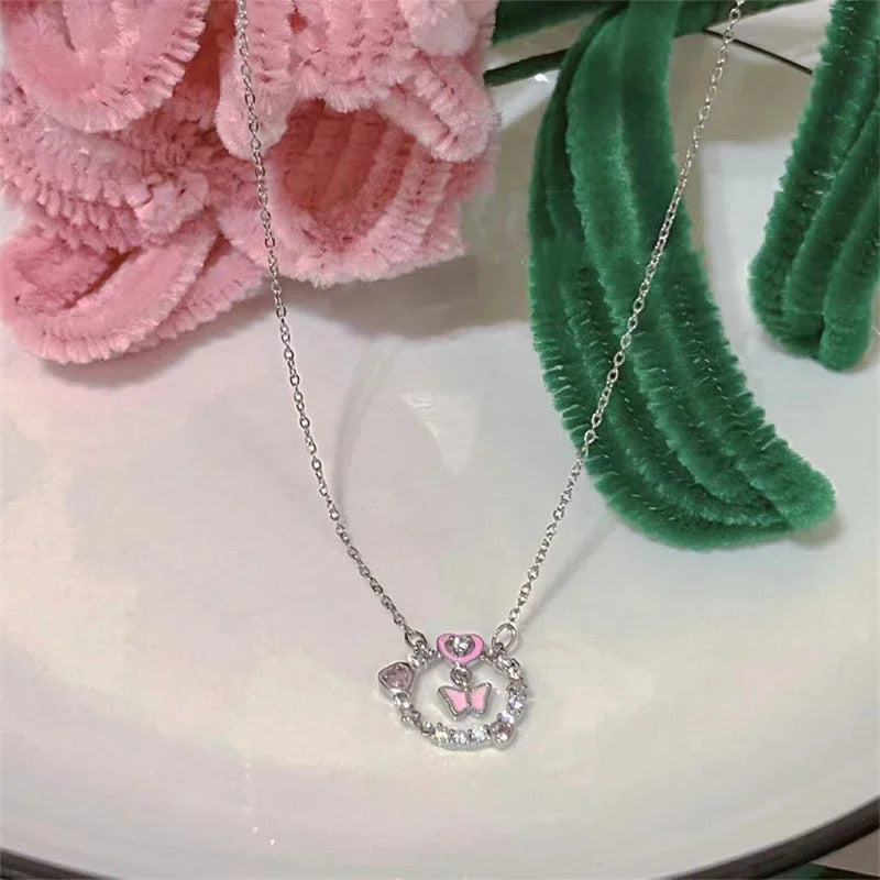 Korean Jewellery Silver Chain With Crystal Zirconia Butterfly Pendant Aesthetic Jewellery For Girls