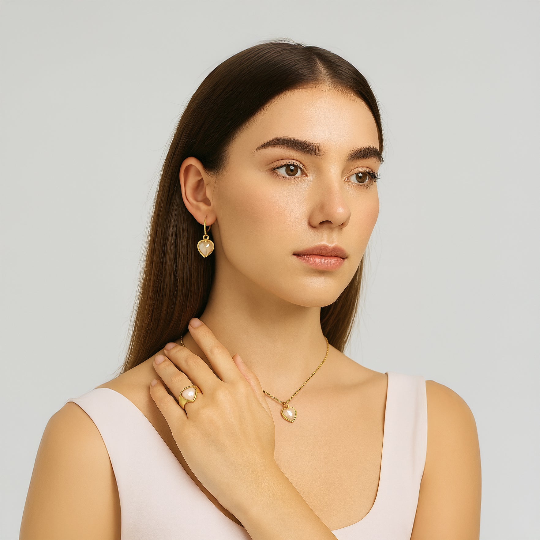 3PCS Exquisite and Elegant Pearl Heart Love Jewelry Women's Fashion Style Versatile Necklace Earrings Ring Jewellery Set For Girls