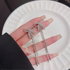 Korean Jewellery Shinny Silver Bow Long Chain Rhinestone Crystal Designing New Style Women Sweet Temperament Jewelry Tassel Earrings For Girls | S925 Needle Earring