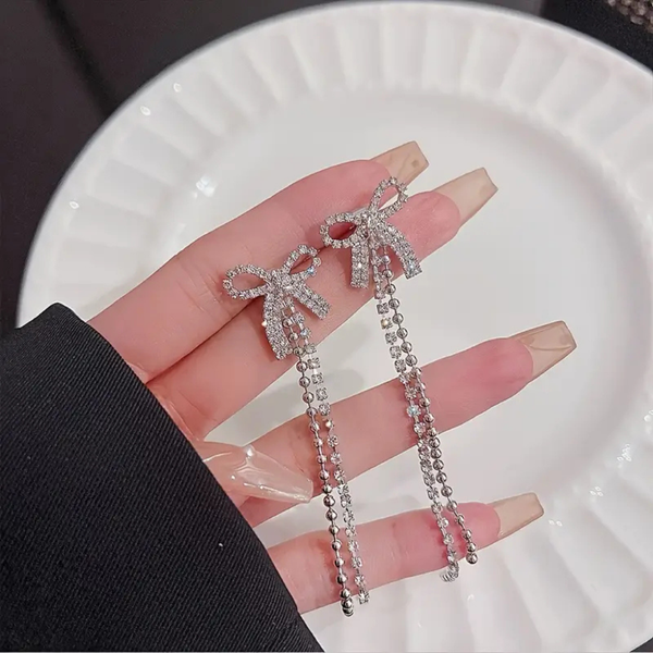 Korean Jewellery Shinny Silver Bow Long Chain Rhinestone Crystal Designing New Style Women Sweet Temperament Jewelry Tassel Earrings For Girls | S925 Needle Earring