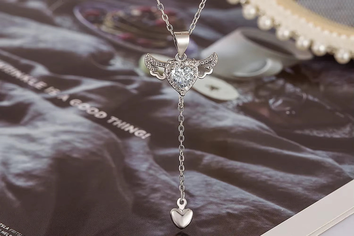 Korean Jewellery Silver Crystal Angel Wing Heart Pendant Necklace For Girls | Korean Jewellery Necklace For Women/Girls