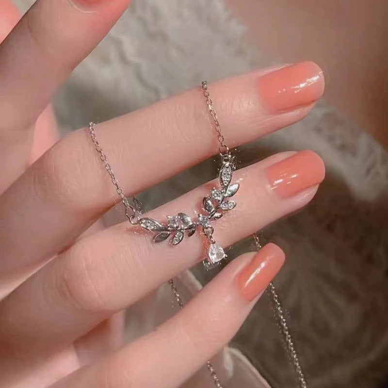 Silver Zircon Leaf New Style Luxury Pendant Necklace For Girls | Special Event Korean Jewellery For Girls