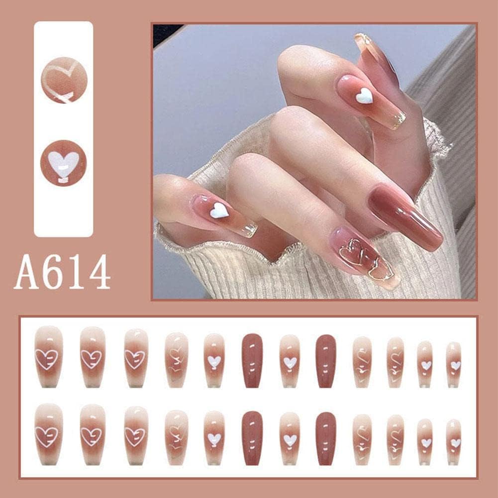 24Pcs Multicolor Beautiful Trendy Fake Nails (With Glue) Set For Girls - Wearable Nails Stylish Pattern Artificial Long Nails For Women