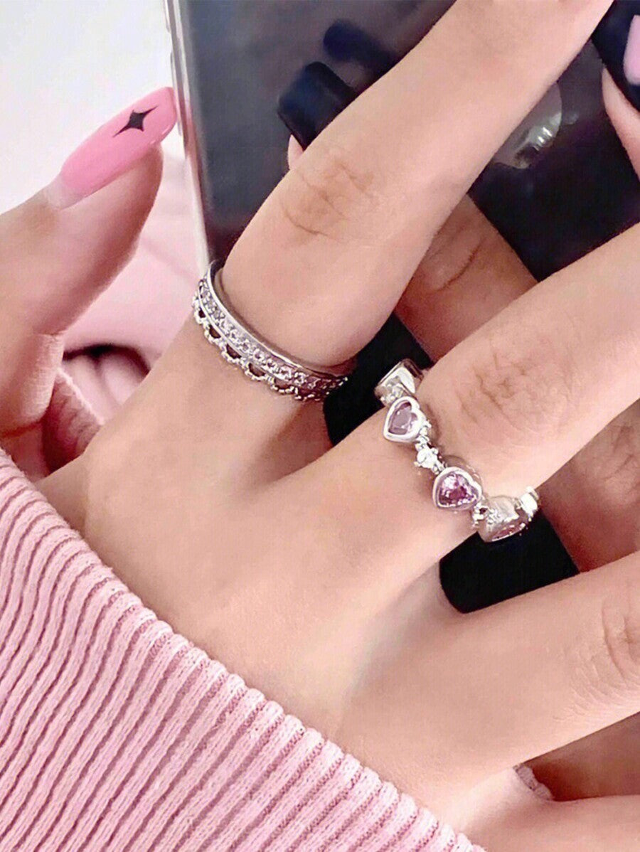 Korean Jewellery 2Pcs Heart-shaped Zircon Pink Crystal Heart Finger Adjustable Rings For Girls