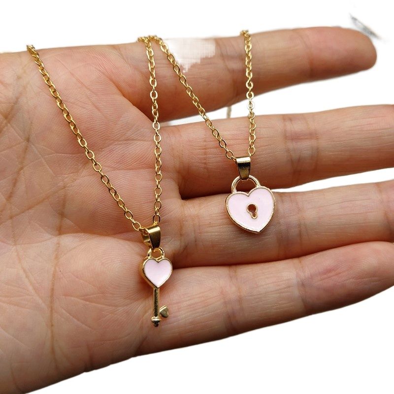 Black 2pcs Korean Jewellery Fashion Love Key Lock Couple Necklace for Girls Stylish - Heart Shaped Key Lock 2PCS Set Jewellery For Girls For Girl