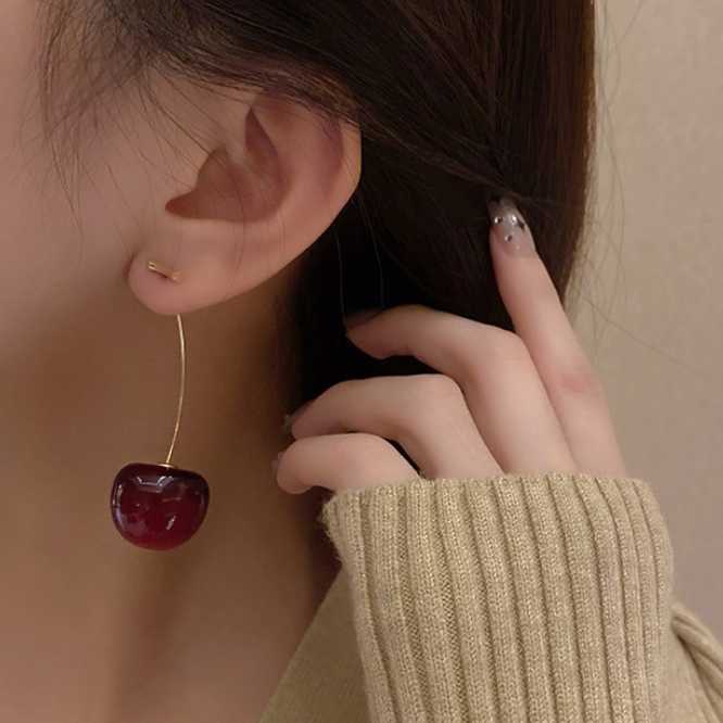 Korean Jewellery Trendy Sweet Red Cherry Earrings For Girl | Cherries Fruit S925 Needle Earings Charm Jewelry For Girls