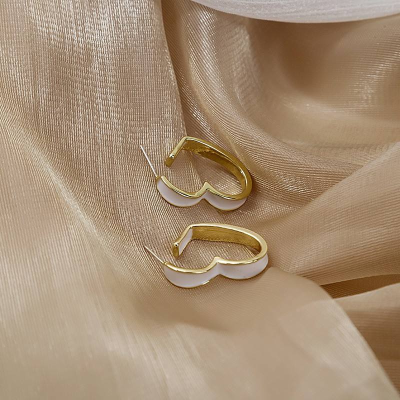 Korean Jewellery Pair Of Golden & White Heart Dangle S925 Silver Needle Earrings For Girls | Luxury Wedding Party Jewelry Premium Gifts New Fashion Trend