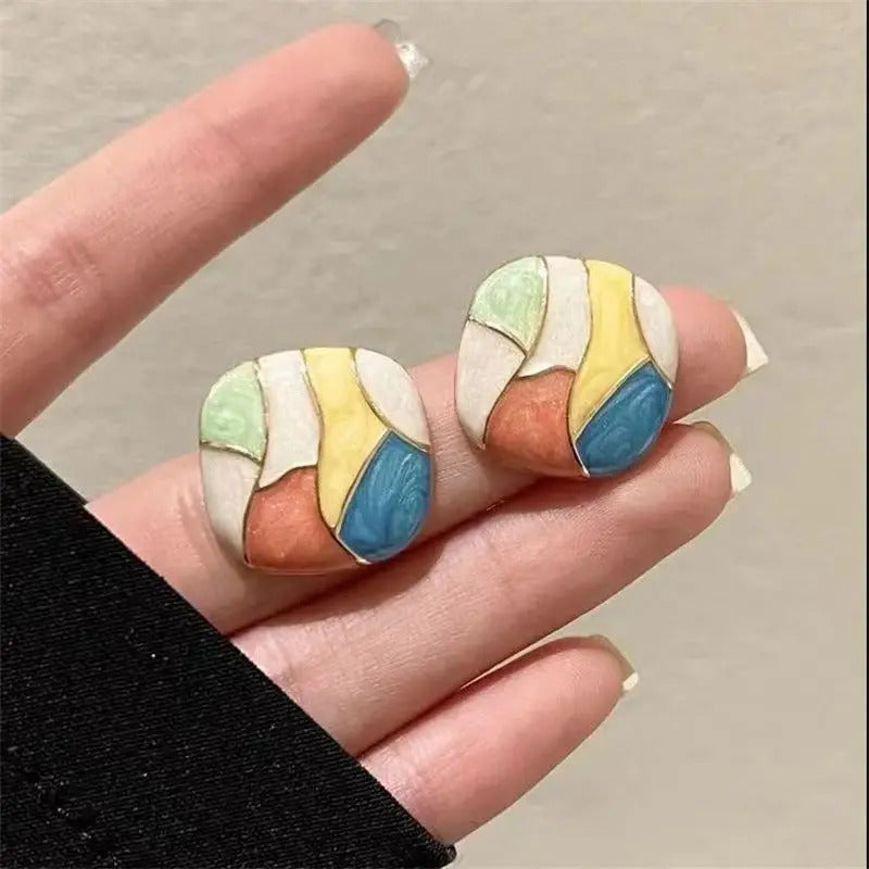 Colorful Korean Jewellery Blossom Modern Enamel Patchwork Geometric Square Stud Earrings for Girls | S925 Needle | S925 Needle Earings For Birthday Wedding Anniversary | For All Occasions