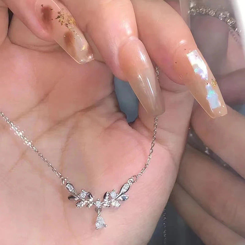 Silver Zircon Leaf New Style Luxury Pendant Necklace For Girls | Special Event Korean Jewellery For Girls