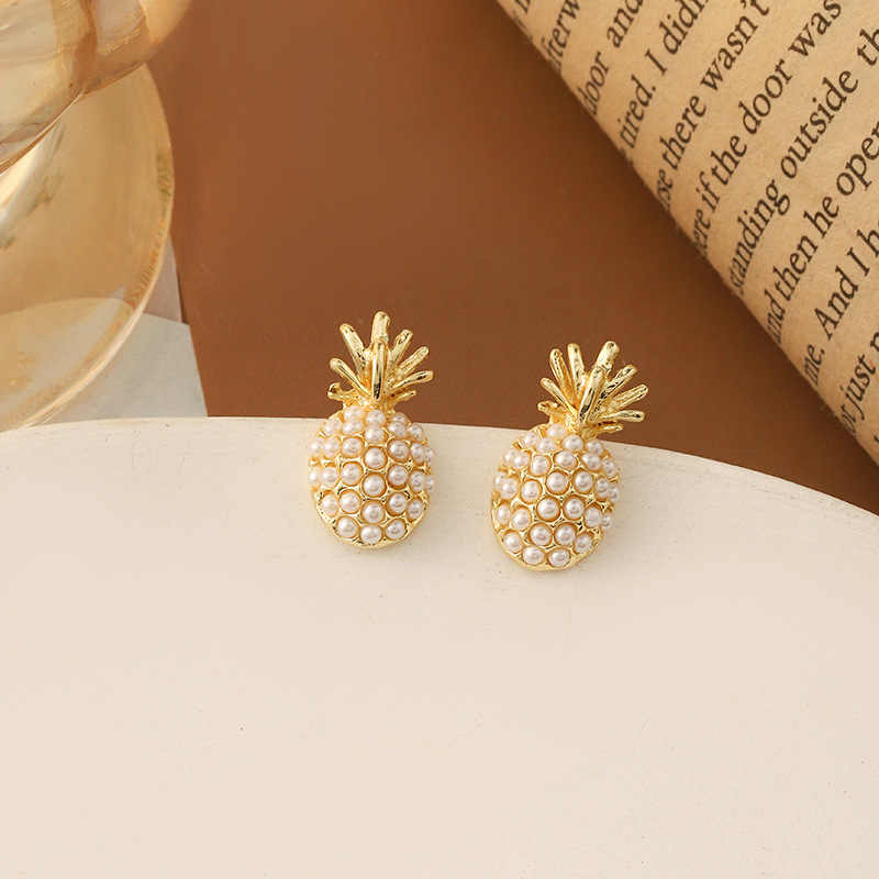 Korean Jewellery Fruit Pineapple Pearl Gold mini Cute Creative Stud Earrings For Girls | S925 Needle