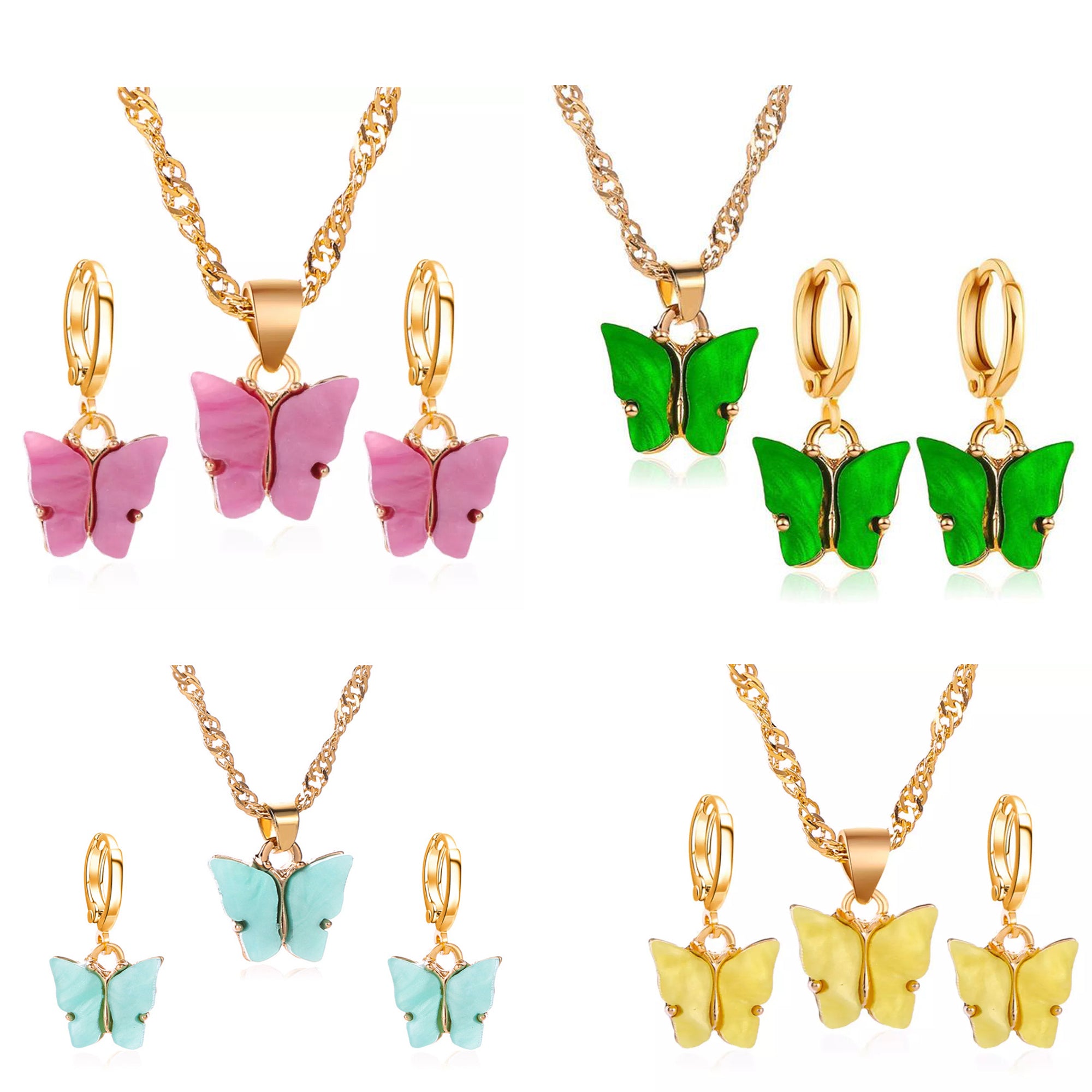 Butterfly Golden Chain Charm Necklace With Earrings For Girls - Korean Jewellery For Girls