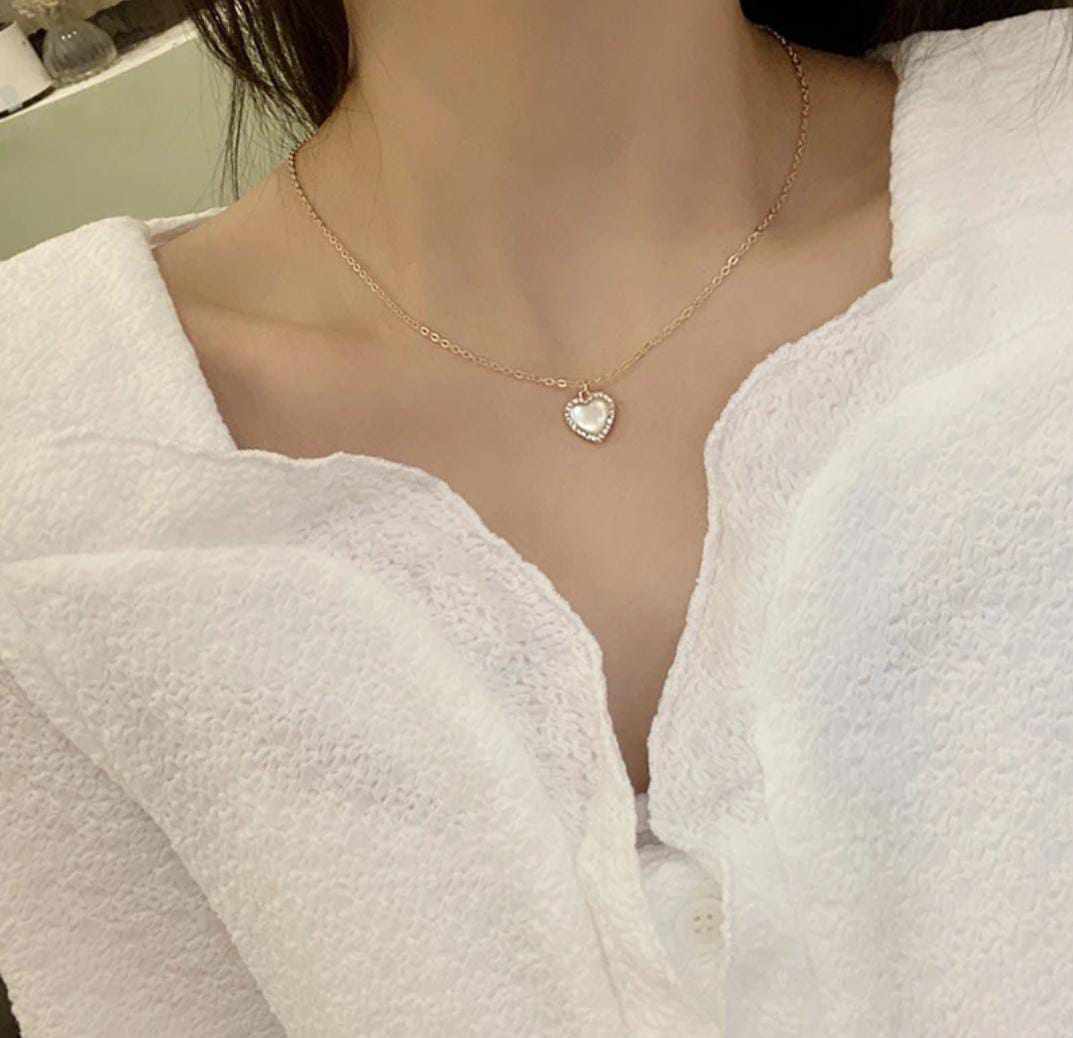 Gold Beautiful Crystal Zircon Heart Pendant Necklace Clavicle Chain Korean Jewellery For Girls