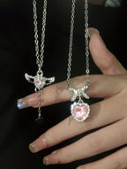 Pack Of 2 Korean Jewellery Pink Zircon Bow Heart & Crystal Angel Wings Heart Necklaces for Girls Sweet Fairy Clavicle Chain Shiny Zircon Korean Jewellery Necklace - Aesthetic Bowknot & Angel Wings Love Zircon Pendant Women Necklaces