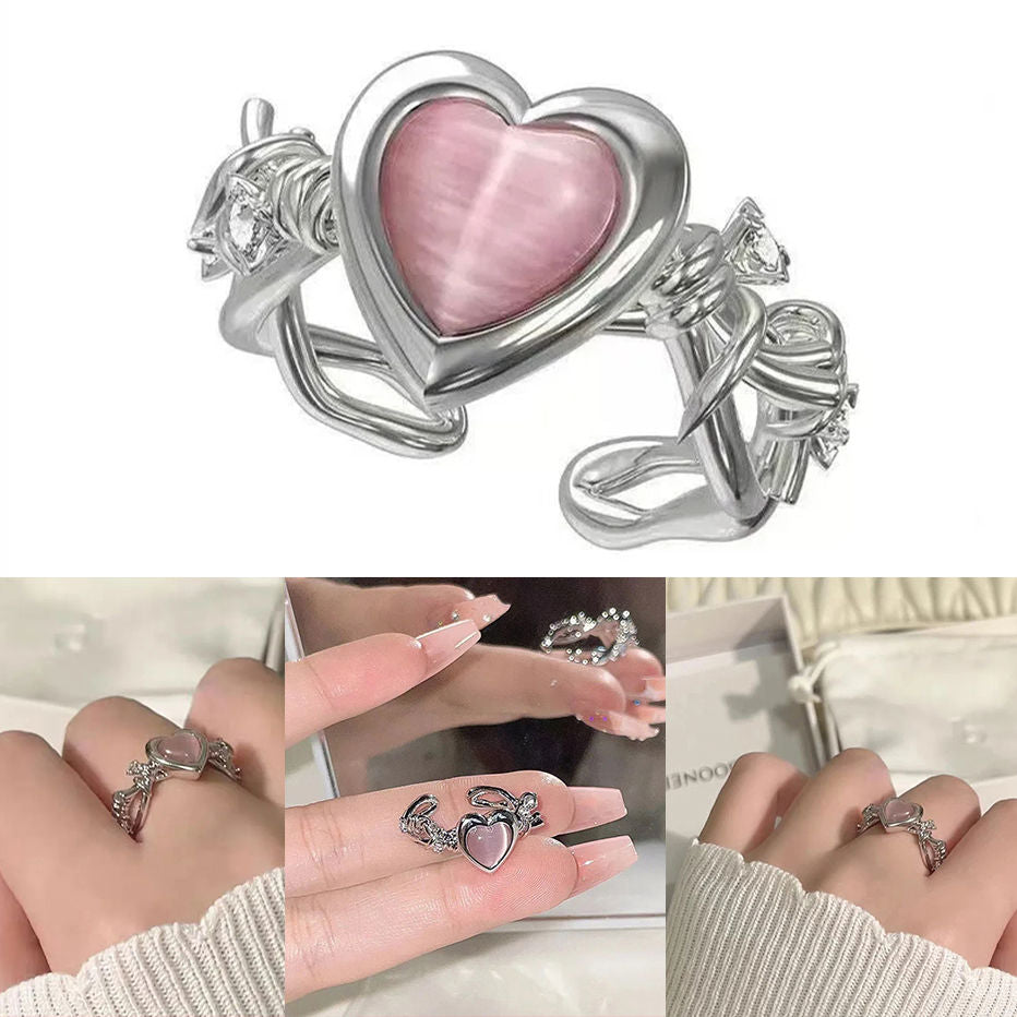 Korean Jewellery Silver Zircon Pink Heart Adjustable Ring For Girls | Party Jewelry, Birthday Gift | Adjustable Ring For Girl