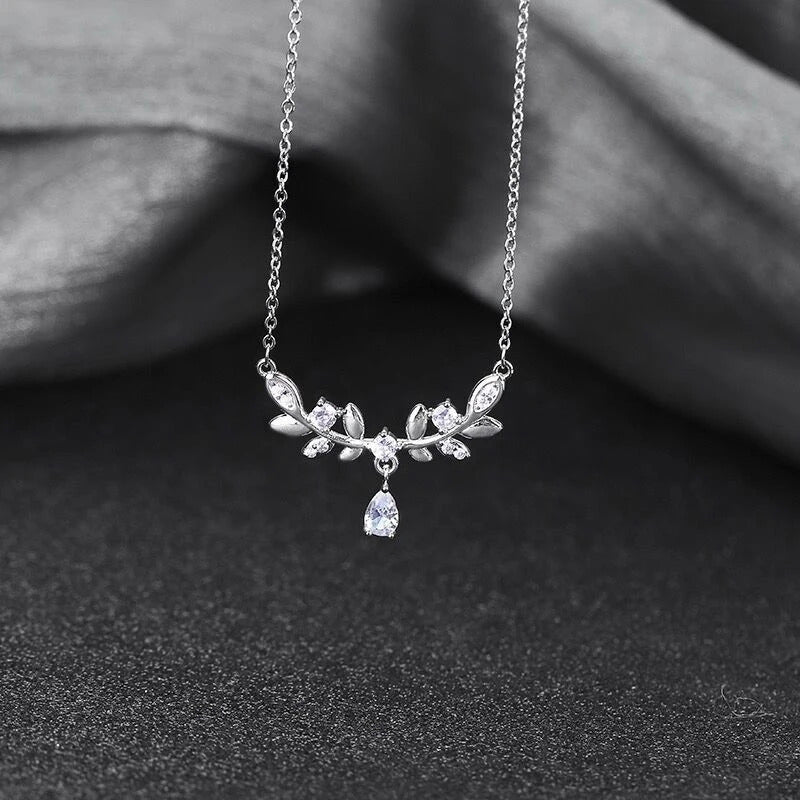 Silver Zircon Leaf New Style Luxury Pendant Necklace For Girls | Special Event Korean Jewellery For Girls