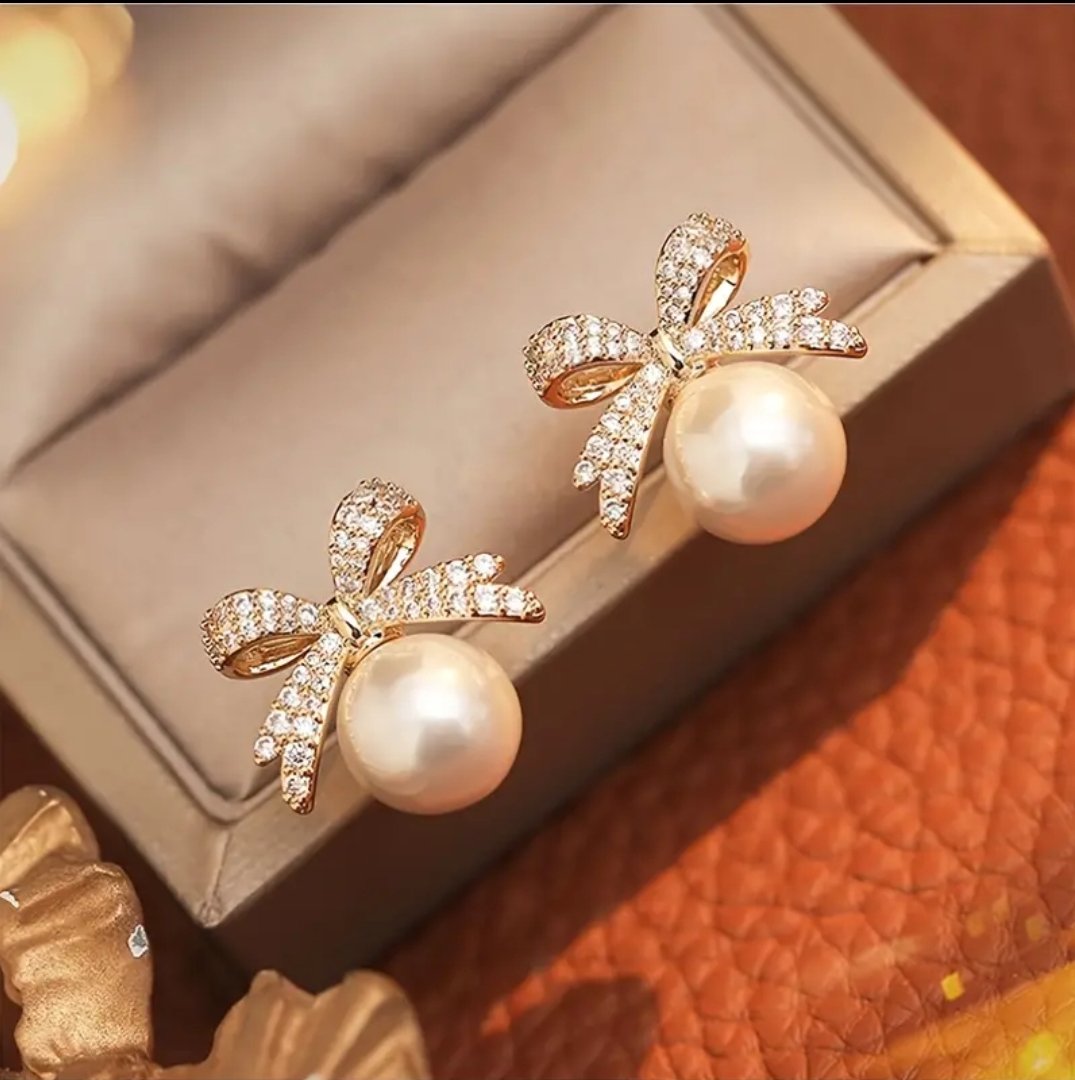 S925 Korean Jewellery Golden Bow Earings For Girls Stylish - Zircon Bow Pearl Ear Stud Rhinestone New Korean Fashion Exquisite S925 Earrings