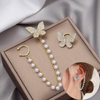 Korean Jewellery Gold Pair Of Rhinestone Butterfly Tassel Ear Cuff Earrings For Girls