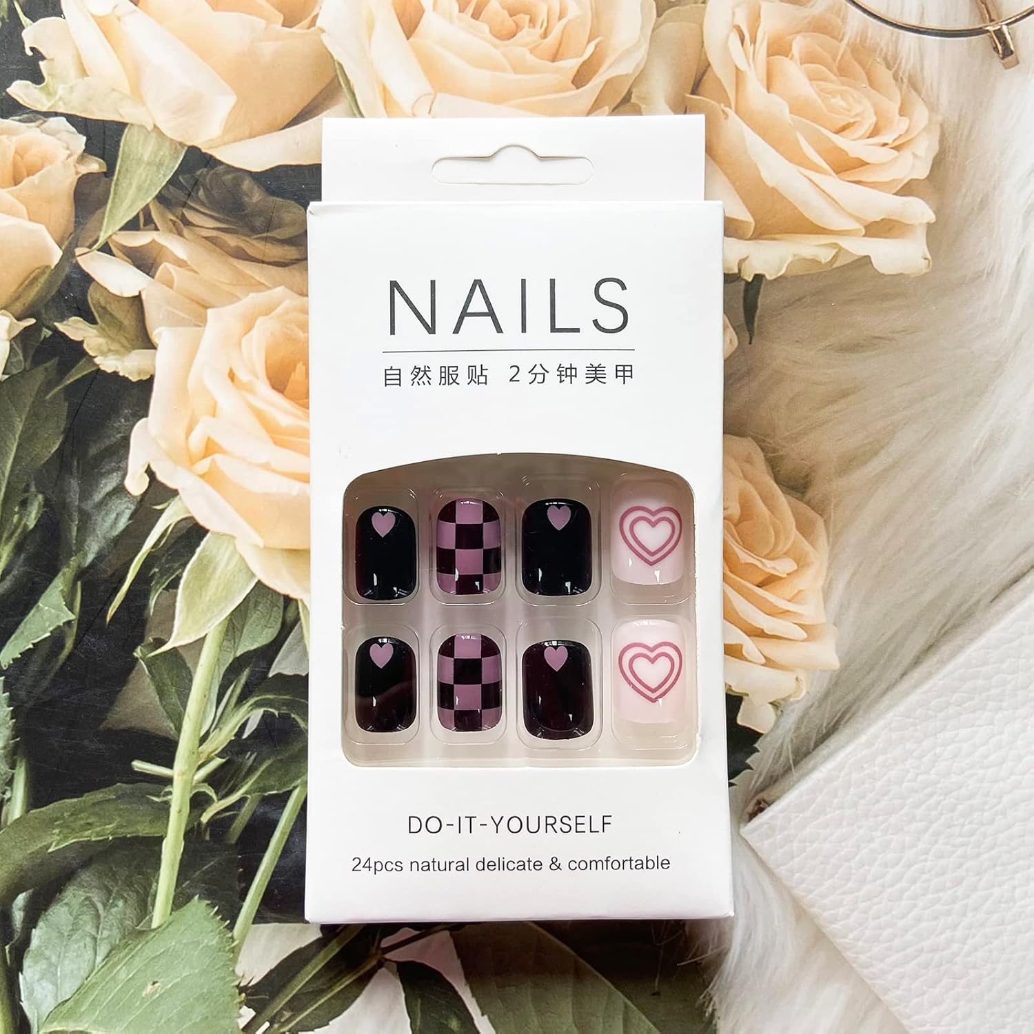 24Pcs Black | Pink & White Beautiful HeartTrendy Fake Nails (With Glue) Set For Girls - Wearable Nails Stylish Pattern Artificial Nails For Women