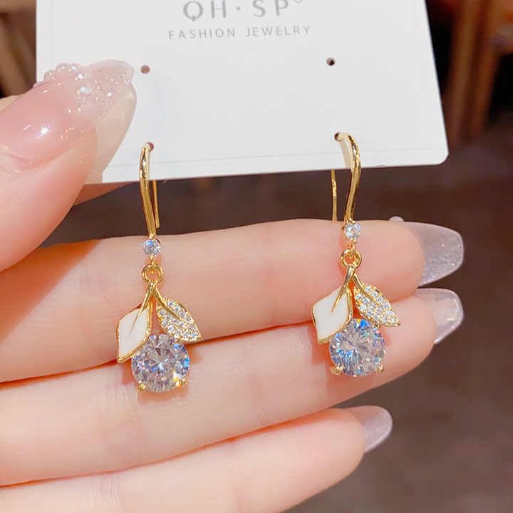 Korean Jewellery Leaf Light Luxury Shiny Sparkling Zirconia Trendy Earrings For Women & Girls