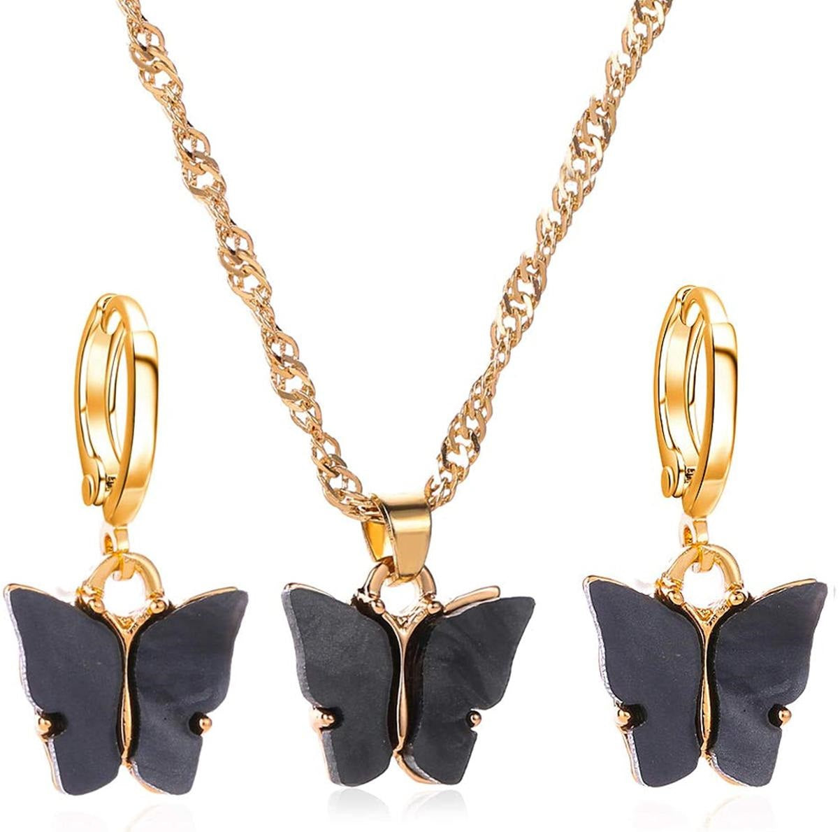 Black Butterfly Golden Chain Charm Necklace With Earrings For Girls - Korean Jewellery For Girls