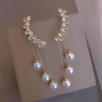 Pair Of Korean Gold-plated Trendy Design Zircon Ear Cuff With Pearl Tassel Long Earrings Ear Clip Jewellery Women and Girls
