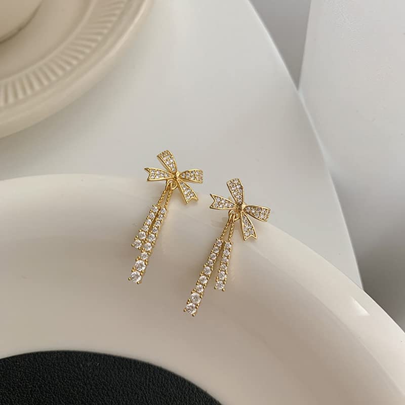 Korean Jewellery Shinny Golden Bow Long Chain Rhinestone Crystal Designing New Style Women Sweet Temperament Jewelry Tassel Earrings For Girls | S925 Needle Earring