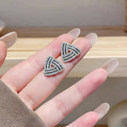 Korean Jewellery Triangle Full Crystal Rhinestone Stud Earrings Special Geometric Black Stripe Diamond Stud Earring For Girls | S925 Needle