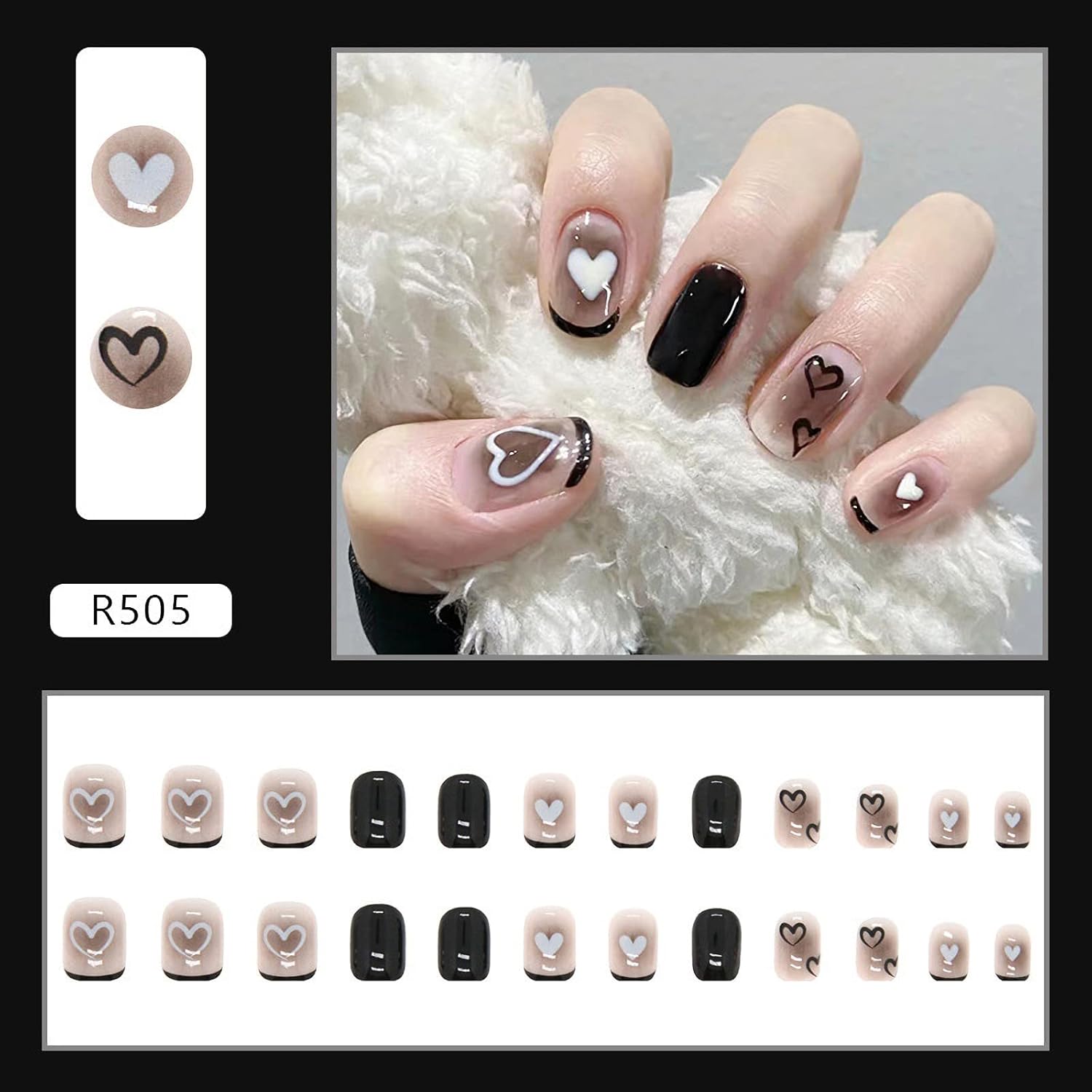 24Pcs Black & MultiColor Beautiful Heart Trendy Fake Nails (With Glue) Set For Girls - Wearable Nails Stylish Pattern Artificial Nails For Women