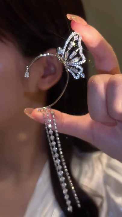 Korean Jewellery Chic Design Silver Plated Rhinestone Tassel Zircon Crystal Ear Cuff Earring For Girls | Ear Clips Without Piercing Sparkling Zirconia Ear Cuff Korean Earring | For One Ear