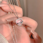 Korean Jewellery Pink Heart & Bow Necklace for Girls Sweet Fairy Clavicle Chain Shiny Korean Jewellery Necklace - Aesthetic Bowknot Love Pendant Women Necklaces