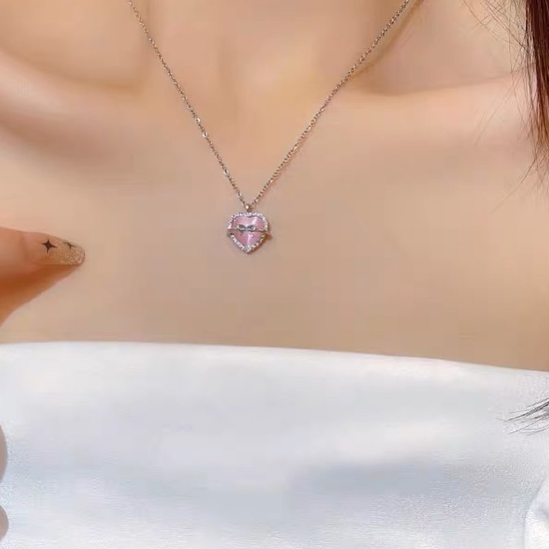 Korean Jewellery Pink Heart & Bow Necklace for Girls Sweet Fairy Clavicle Chain Shiny Korean Jewellery Necklace - Aesthetic Bowknot Love Pendant Women Necklaces