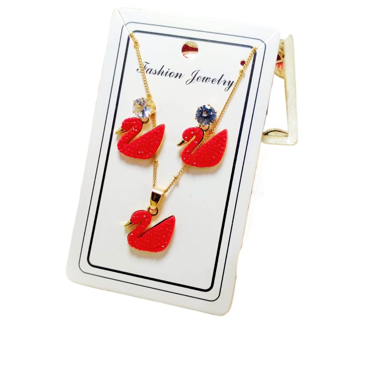 Red Swan Duck Shape With Golden Chain Charm Necklace With Swan Duck Shape Earings Jewellery For Girls Stylish - Korean Jewellrey Set