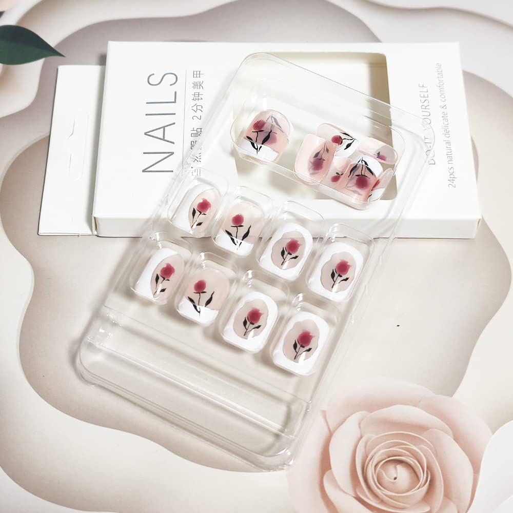 24Pcs White Beautiful Flower Trendy Fake Nails (With Glue) Set For Girls - Wearable Nails Stylish Pattern Artificial Nails For Women