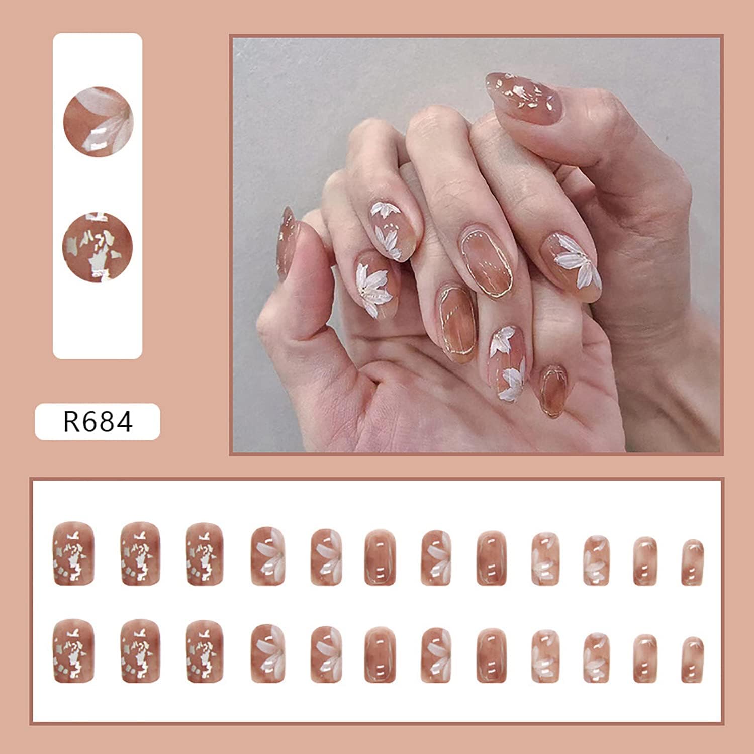 24Pcs White Beautiful Flower Trendy Fake Nails (With Glue) Set For Girls - Wearable Nails Stylish Pattern Artificial Nails For Women
