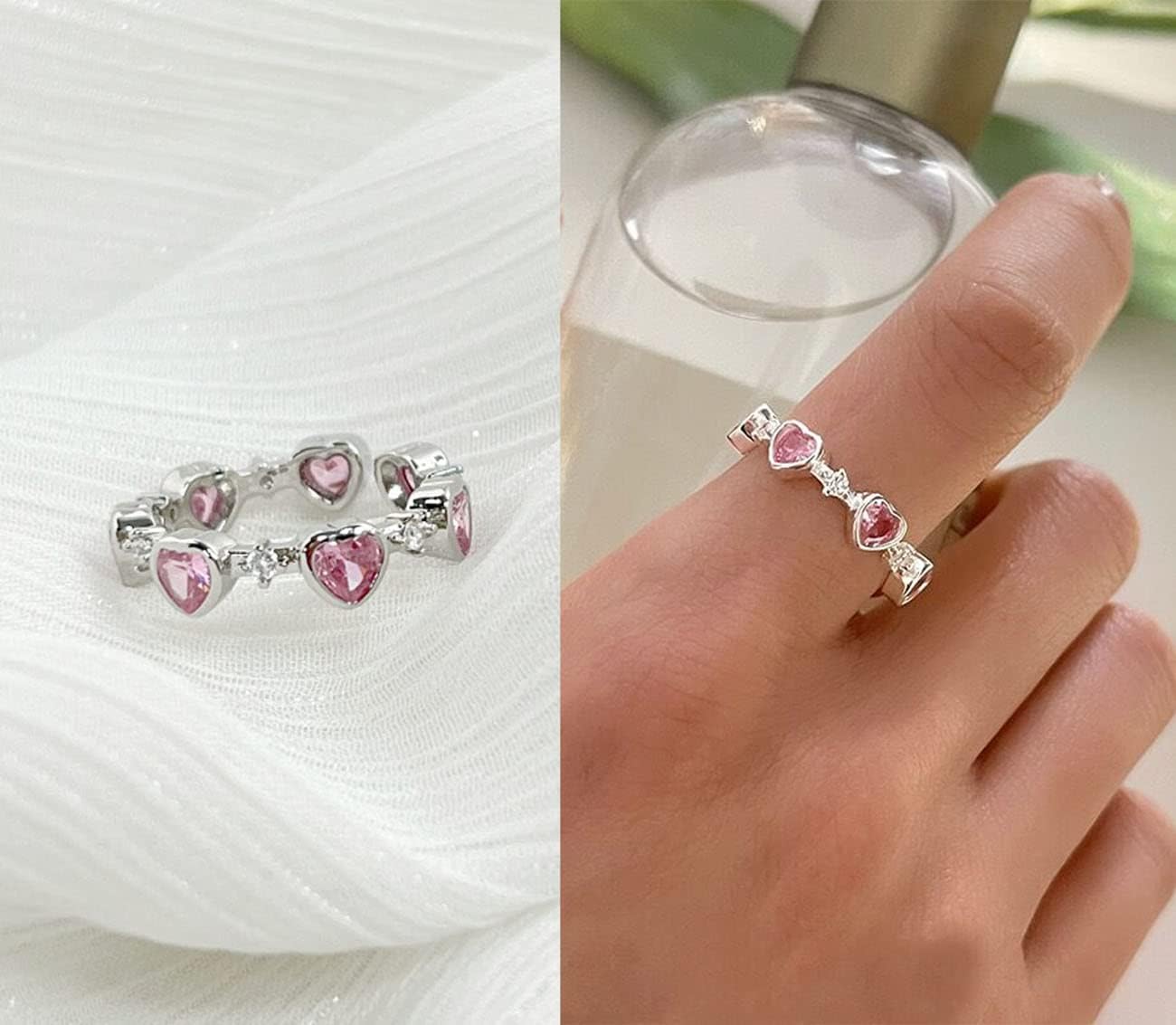 Korean Jewellery 2Pcs Heart-shaped Zircon Pink Crystal Heart Finger Adjustable Rings For Girls