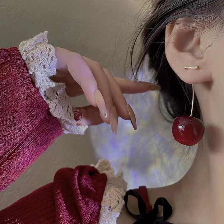 Korean Jewellery Trendy Sweet Red Cherry Earrings For Girl | Cherries Fruit S925 Needle Earings Charm Jewelry For Girls