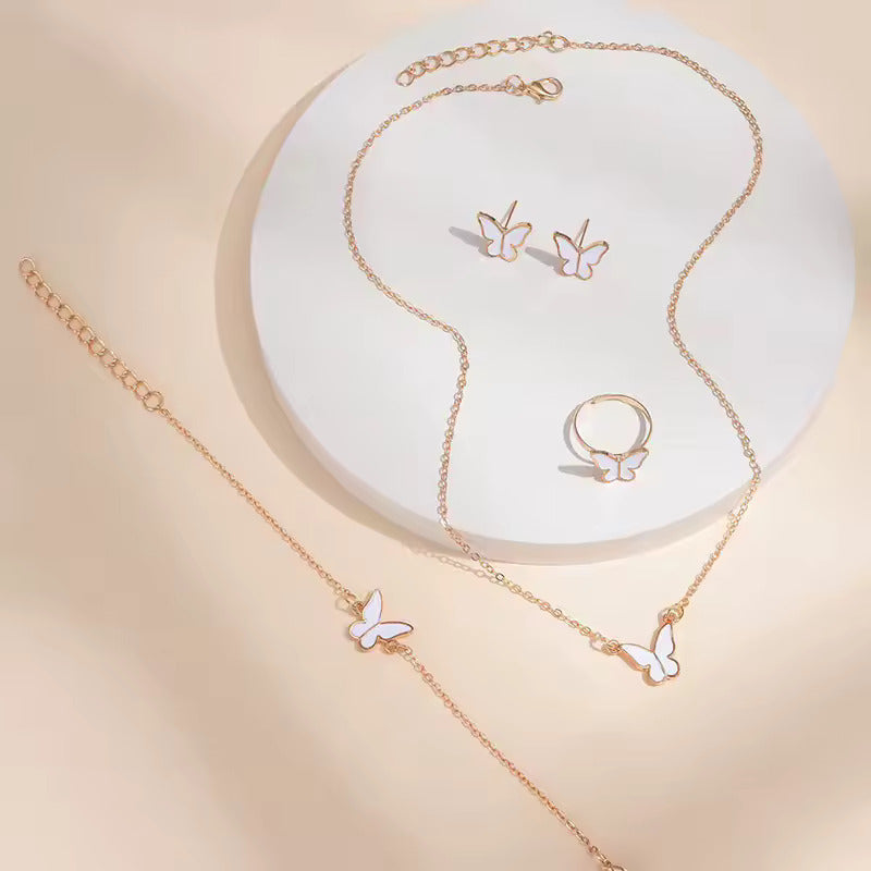 4Pcs Gold & White Butterfly Necklace Earrings Bracelet Ring Jewelry Set For Girls Fashion Party Jewelry Daily Wear Butterfly Jewelry Set